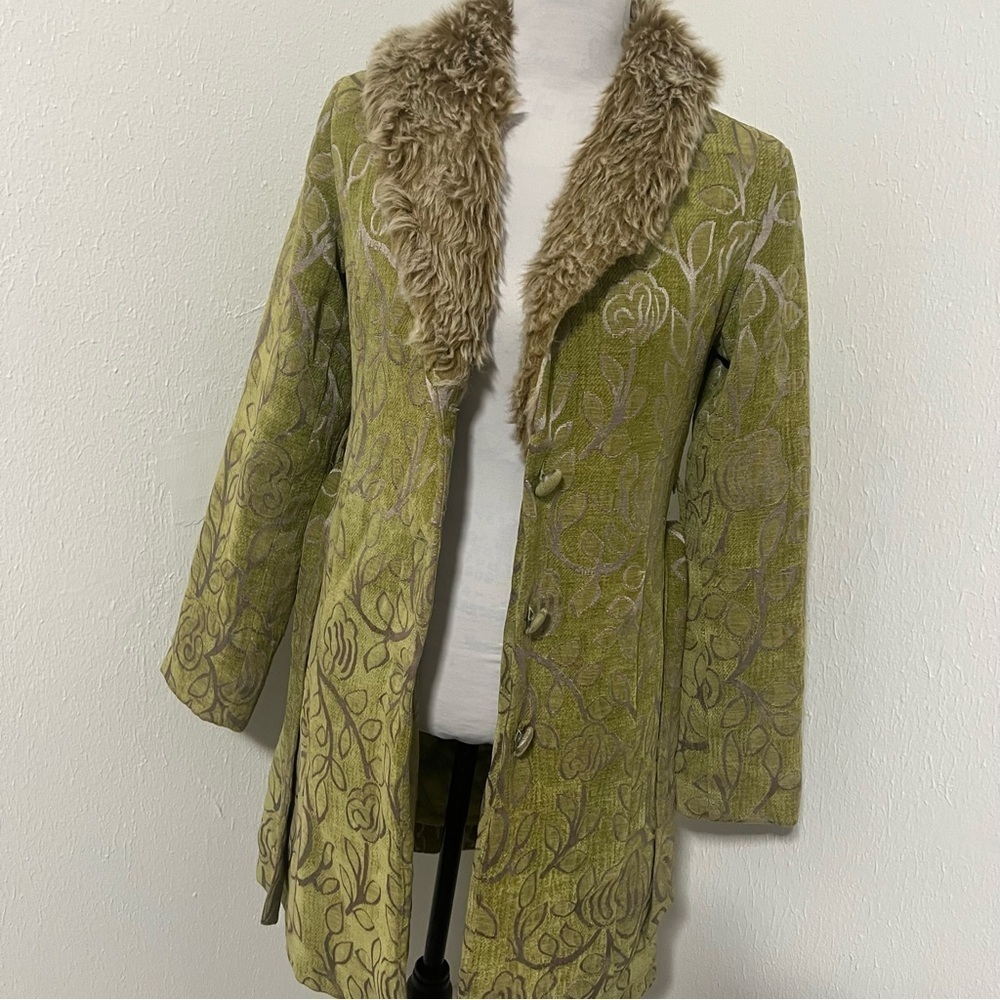 Buckle Outerwear Coat Faux Fur Collar Olive S Embroidered Floral Print All Over